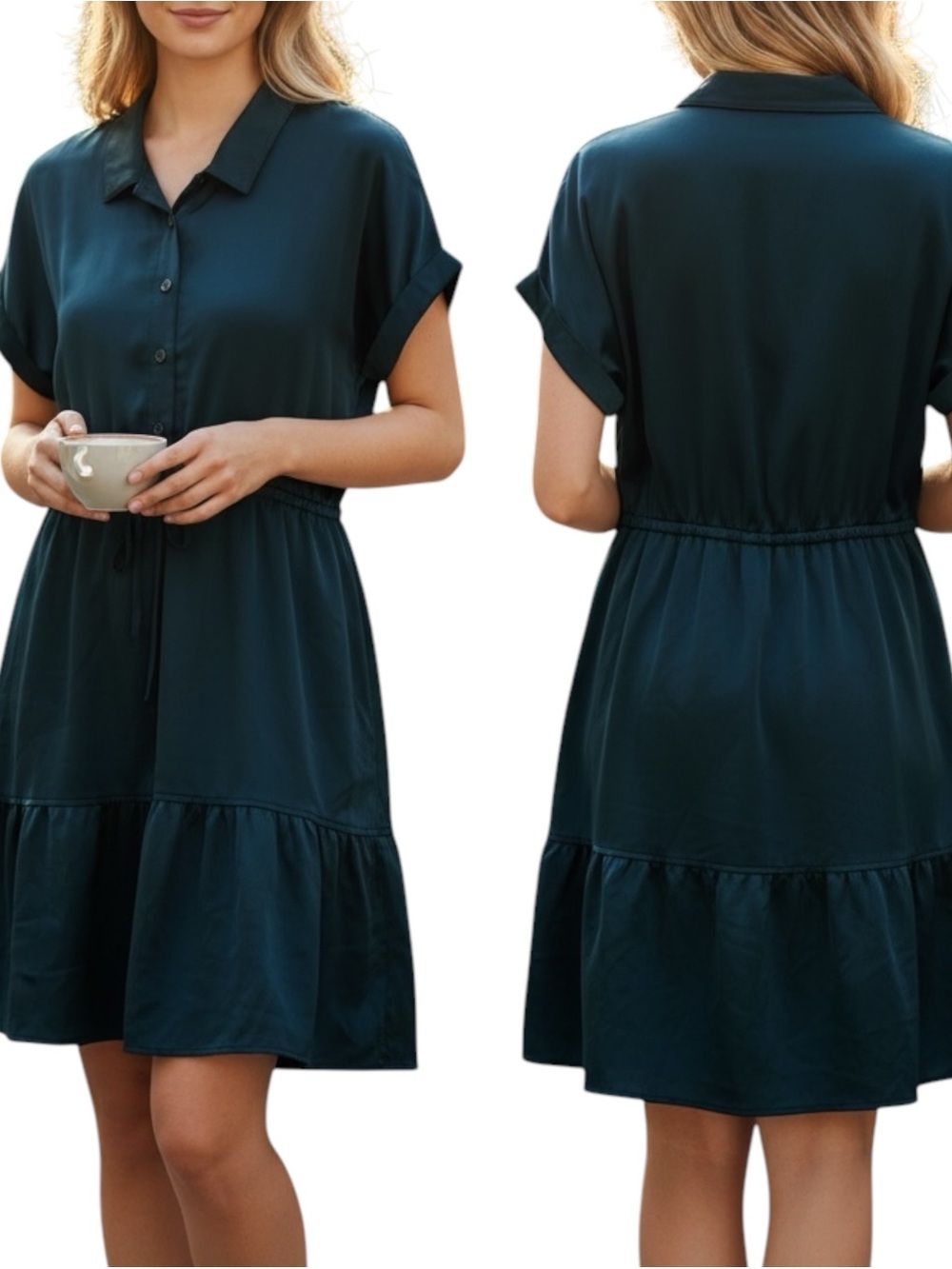 Lucky Brand Short Sleeve Adjustable Waist Satin Tiered  Navy Blue Dress